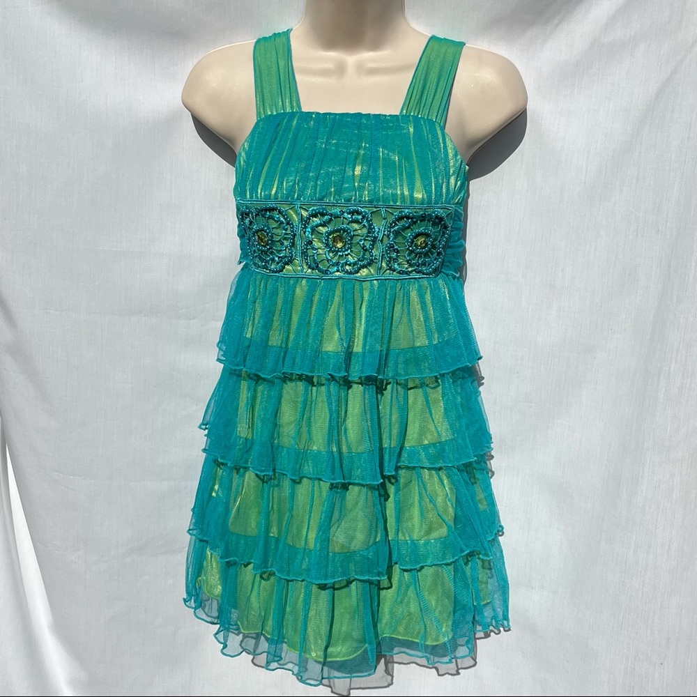 My Michelle Sleeveless Blue & Green Dress with Beading Size 7